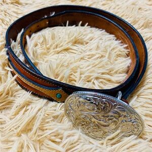 South Western Style Brown Leather Belt with embedded Turquoise and silver buckle